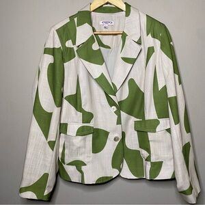 Nanette Lepore Jacket Blazer Women 14W Tan Green Print Pockets 2 Button Office